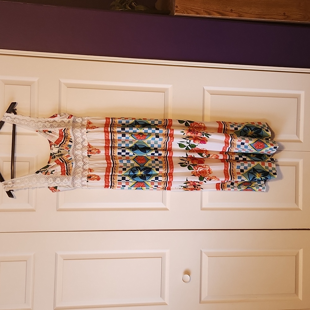 NWT Venus Maxi Dress Floral and Tile Pattern with Crochet Accents - XLarge
